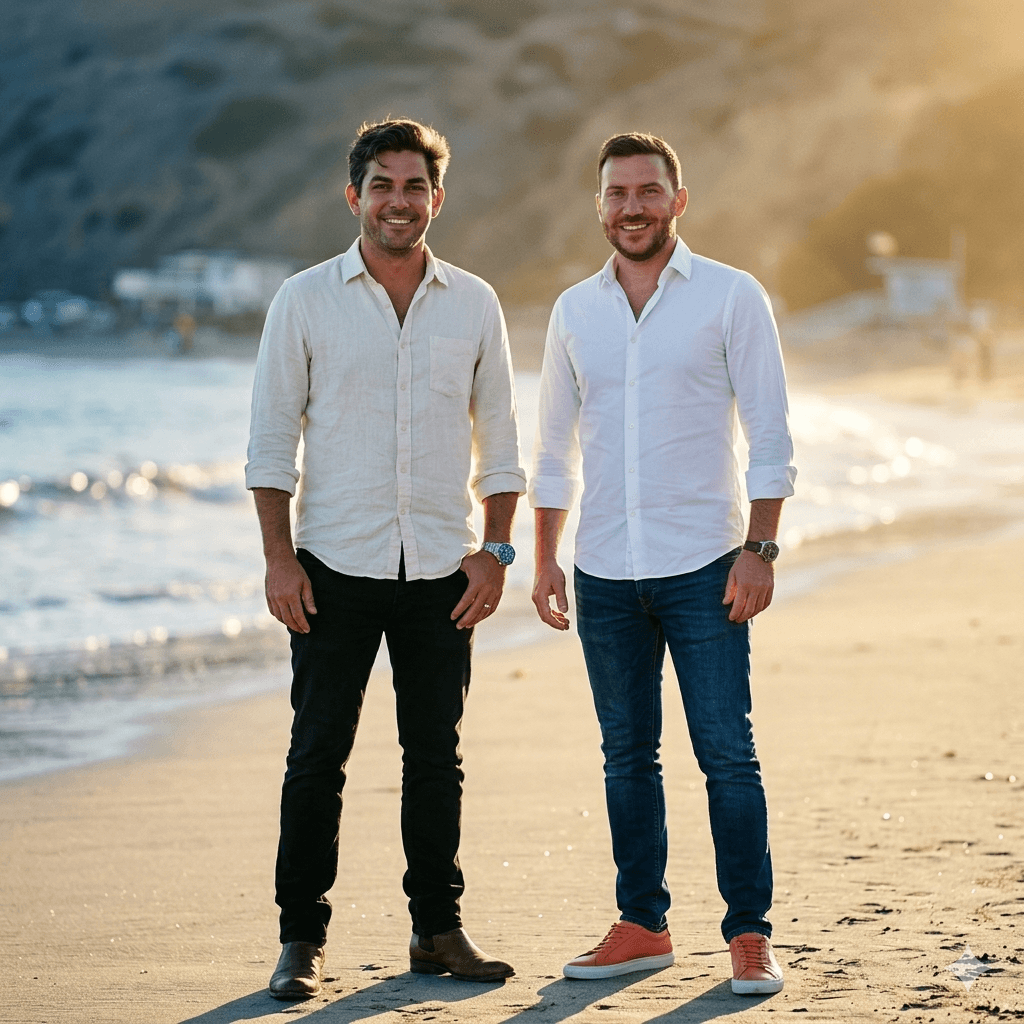 Roman and Stephen, co-founders of James Roman Advisory, on the Malibu coastline